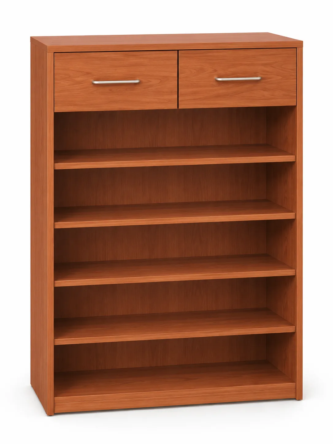 Cherry-coloured shoe rack with two drawers and open shelves: additional view 1