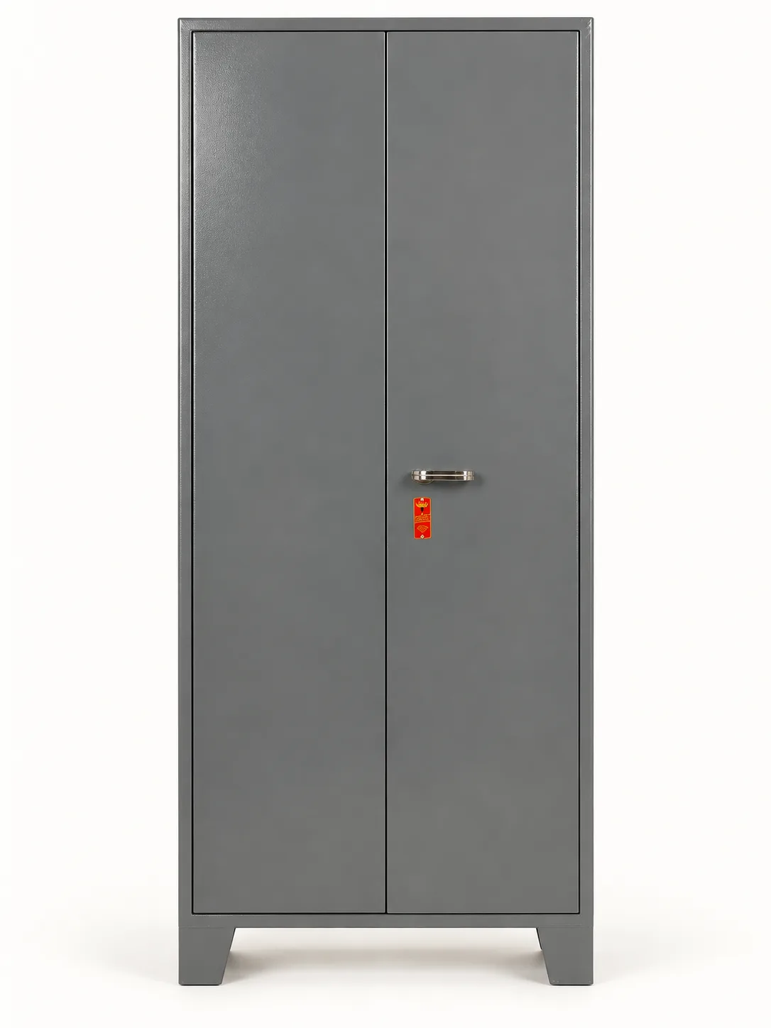 Grey two door steel almirah.