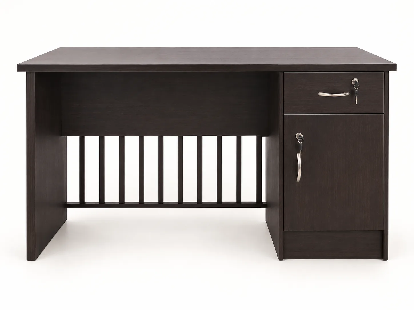 Dark wood-finish desk with a drawer and side cupboard.