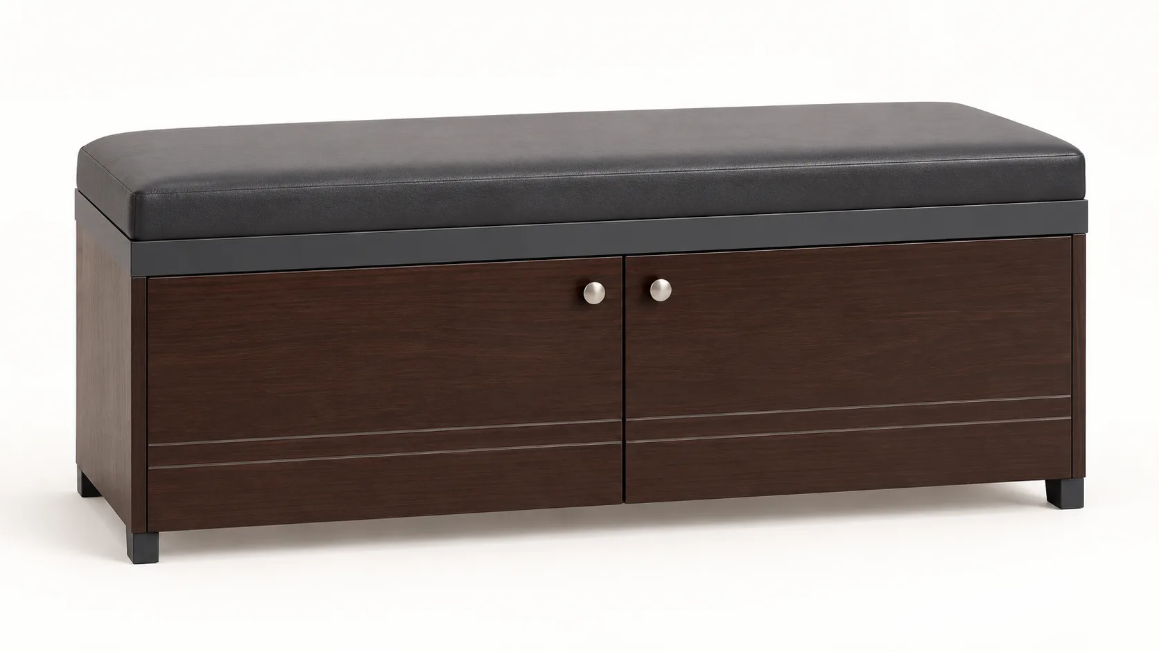 Dark storage bench with a padded seat and two doors.