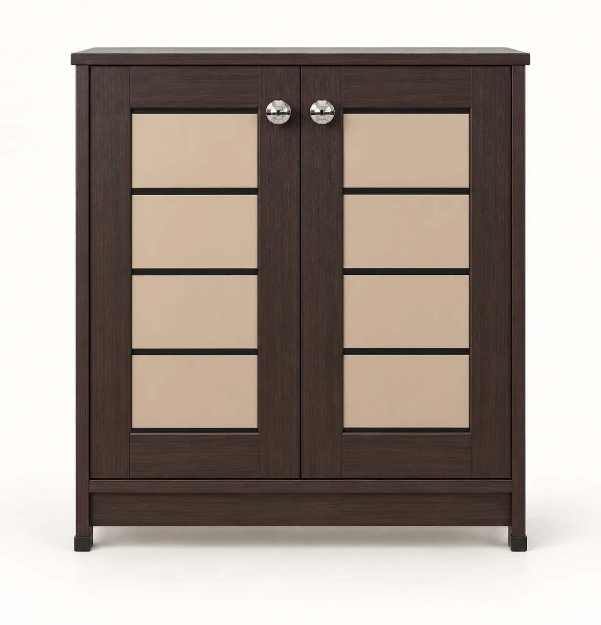 Dark display cabinet with two panelled doors.