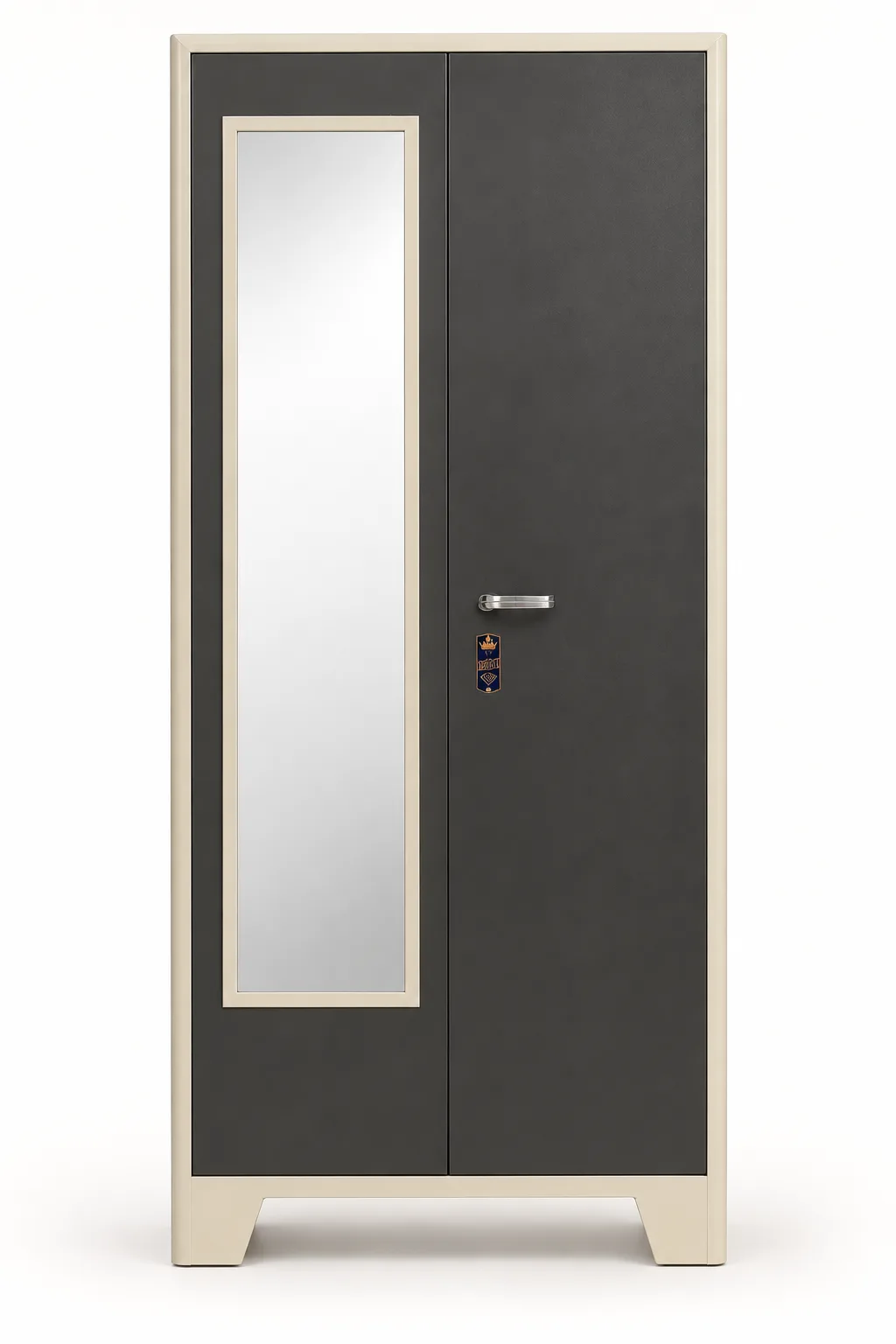 Charcoal two door steel cupboard with a mirror.