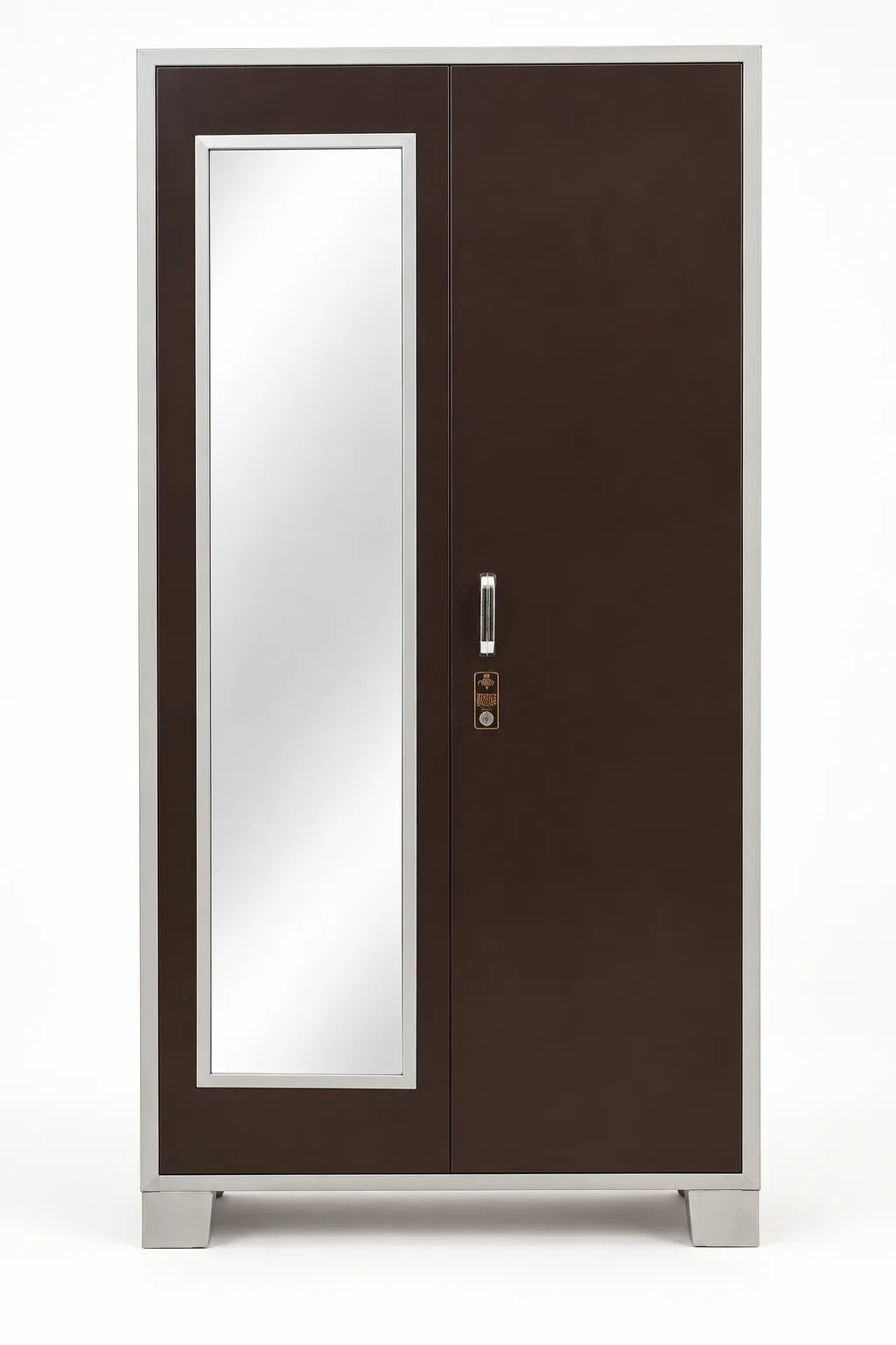 Chocolate Brown two door steel cupboard with a mirror.