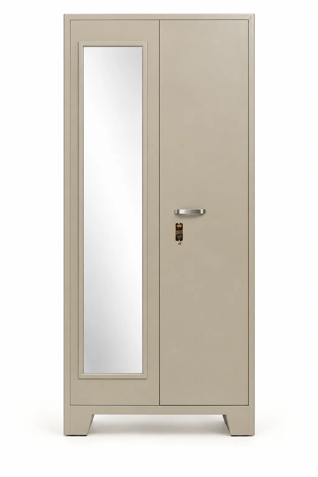 Cream two door steel cupboard with a mirror.
