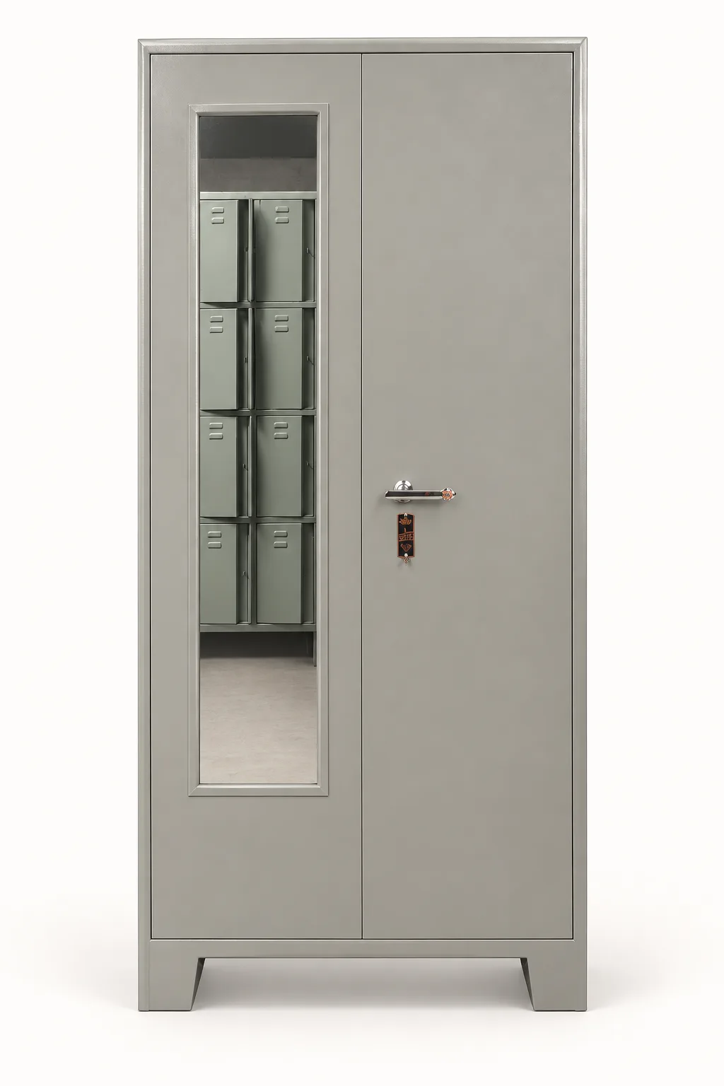 Grey two door steel cupboard with a mirror.