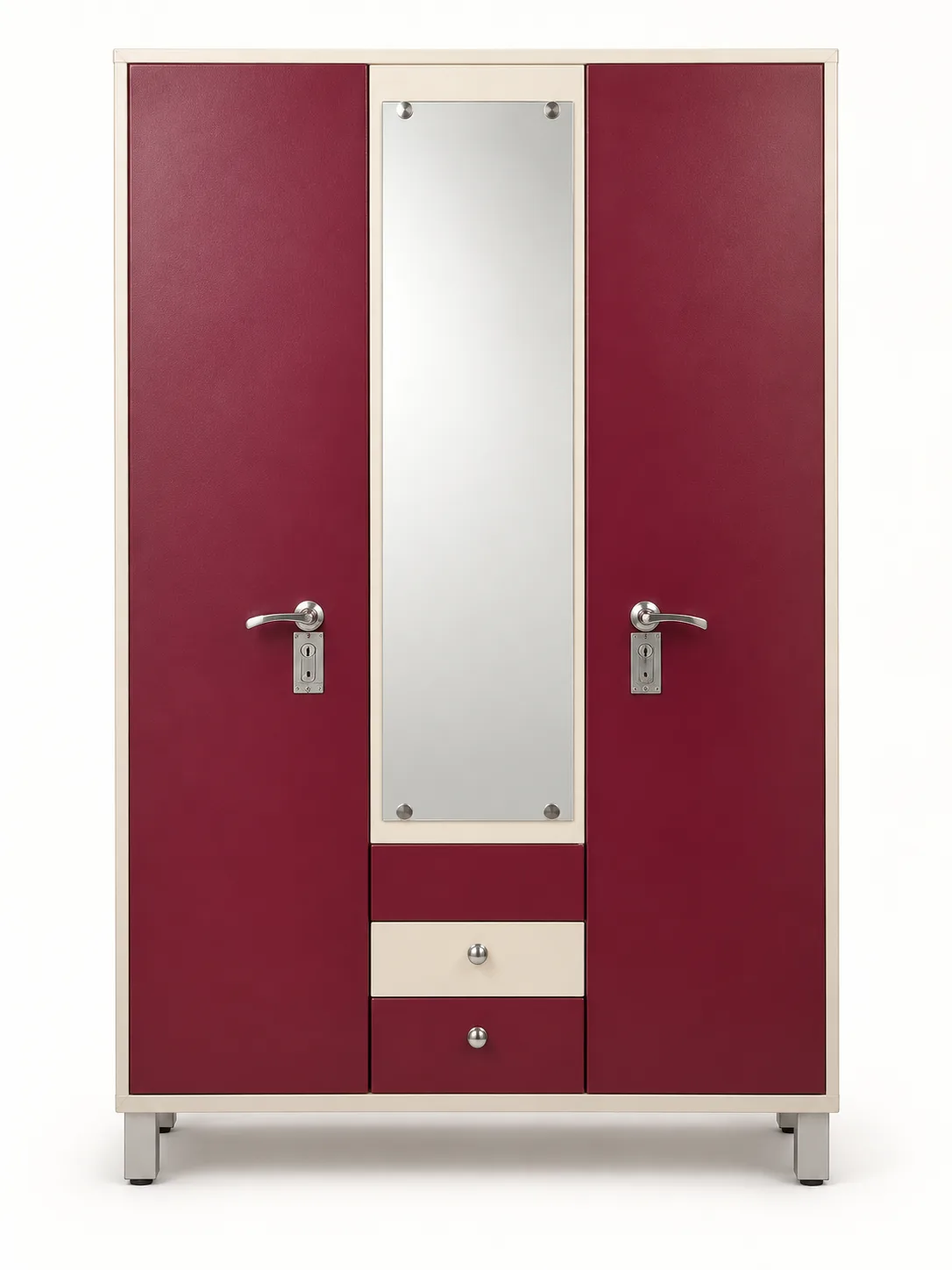 Maroon two door steel cupboard with a mirror.