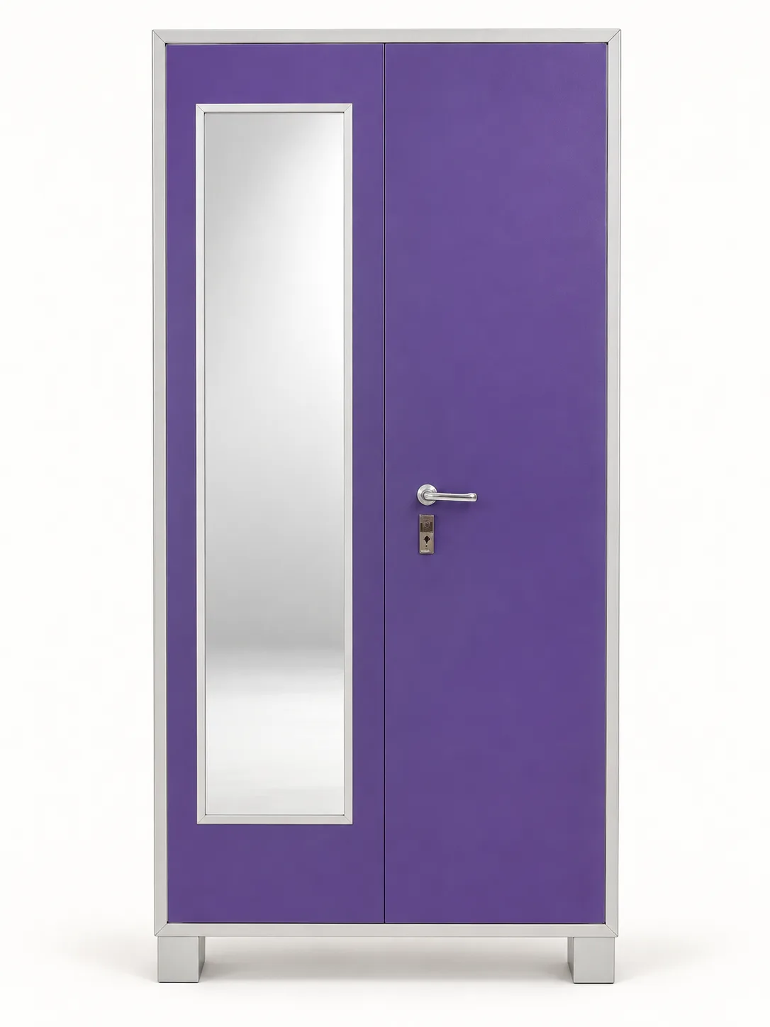 Purple two door steel cupboard with a mirror.