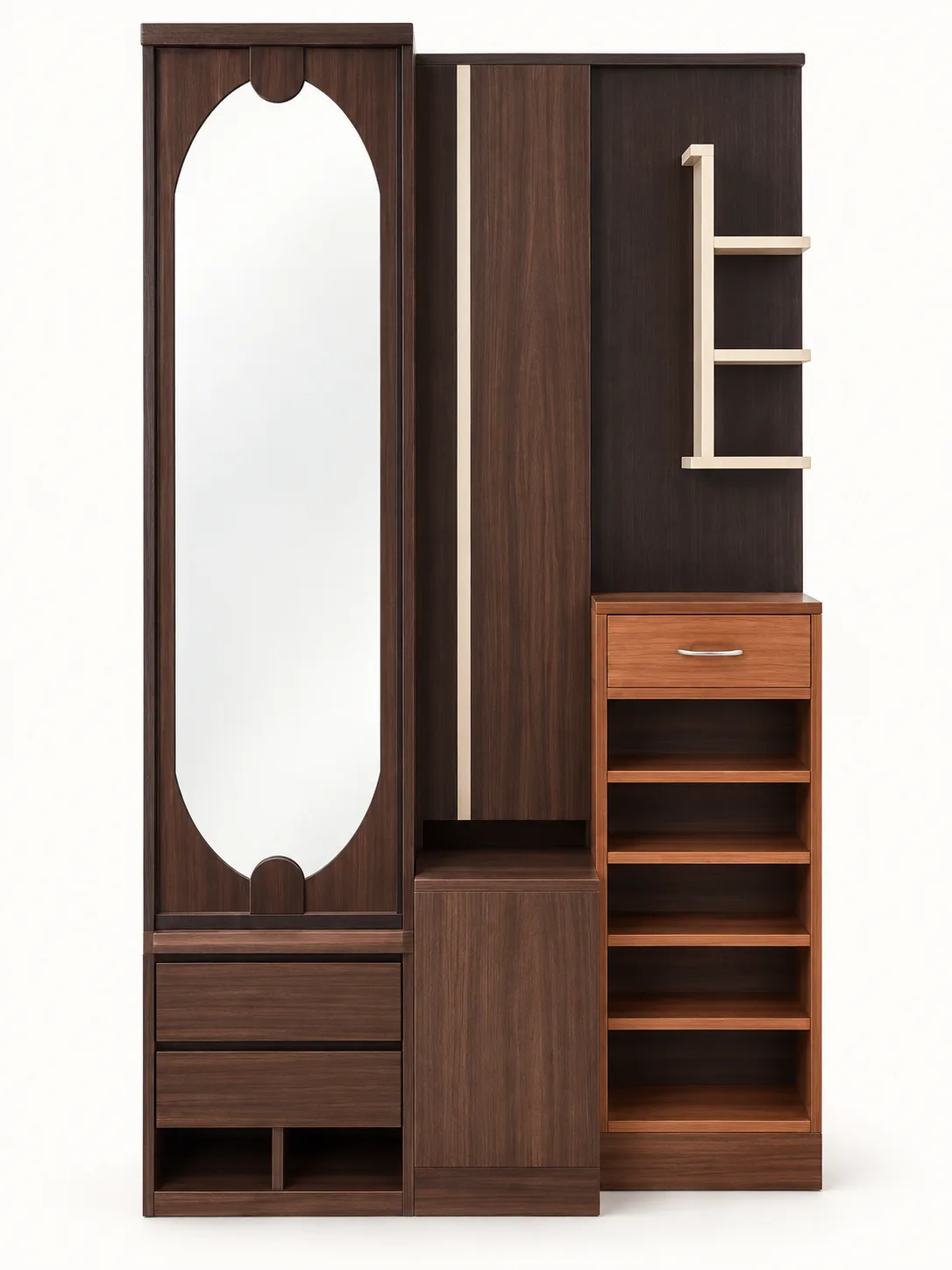 Dressing unit with a mirror, drawers and side shelves.