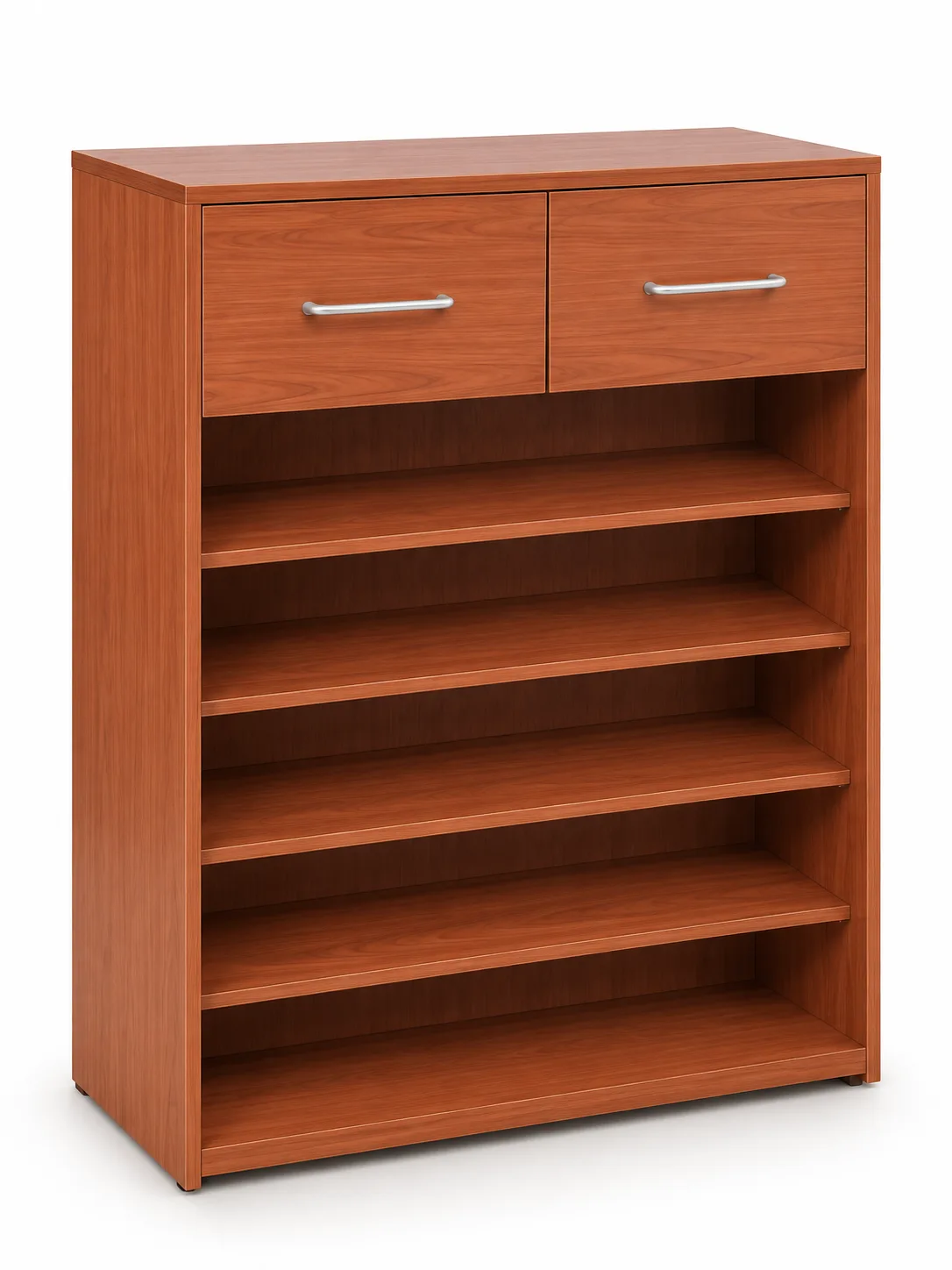 Cherry-coloured shoe rack with two drawers and open shelves.