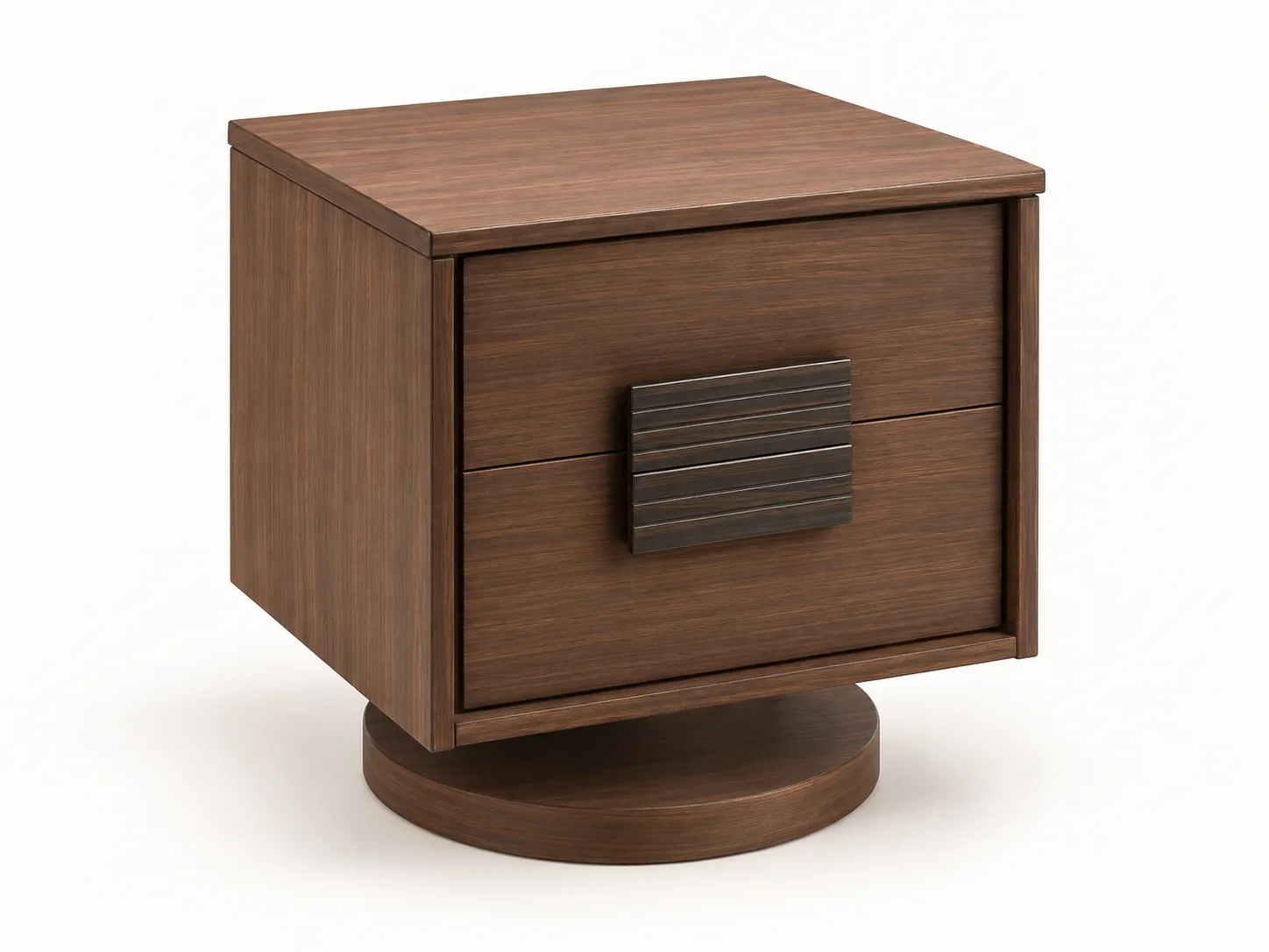 Side table with a single cupboard and round base.