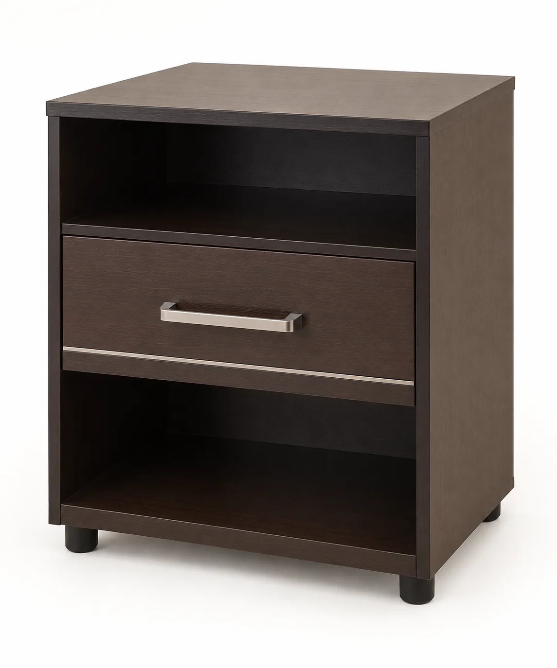 Compact dark unit with a drawer and open shelves.