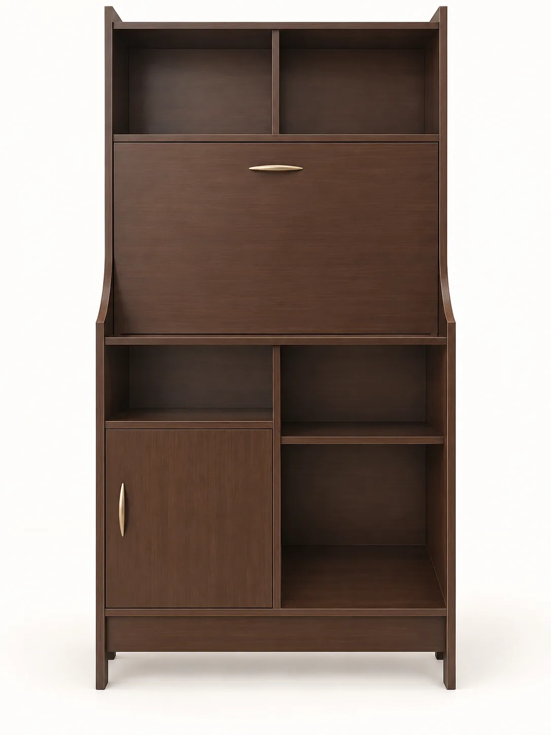 Tall dark cabinet with open shelving above.