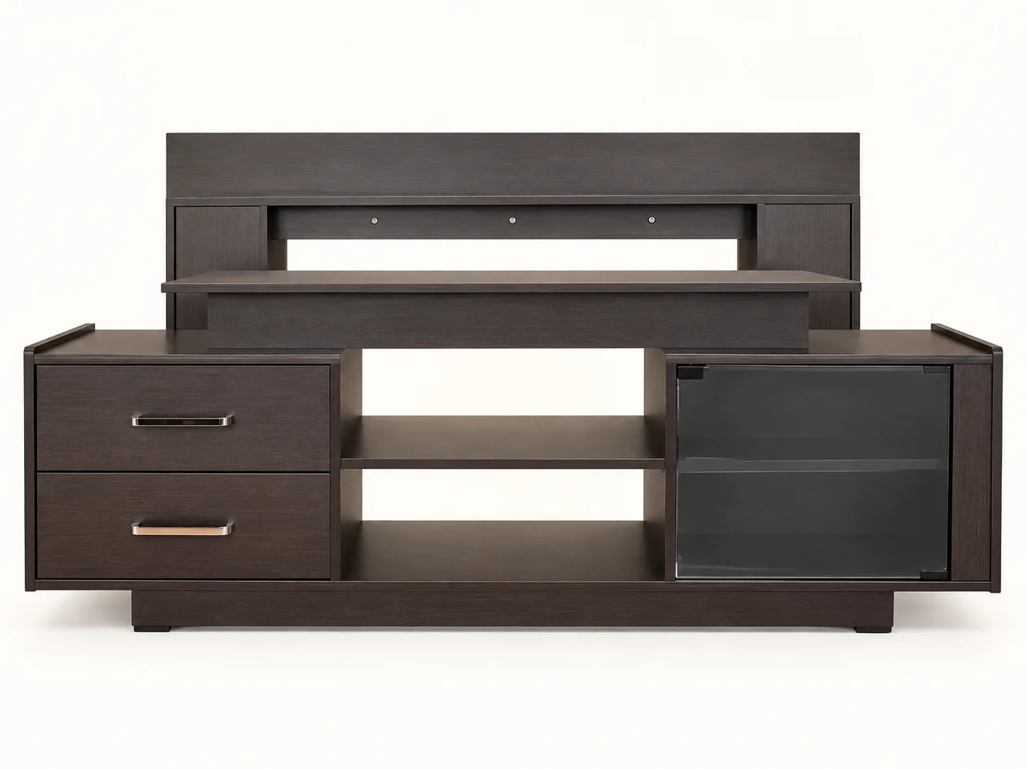 Dark television wall unit with shelves, drawers and a side cabinet.
