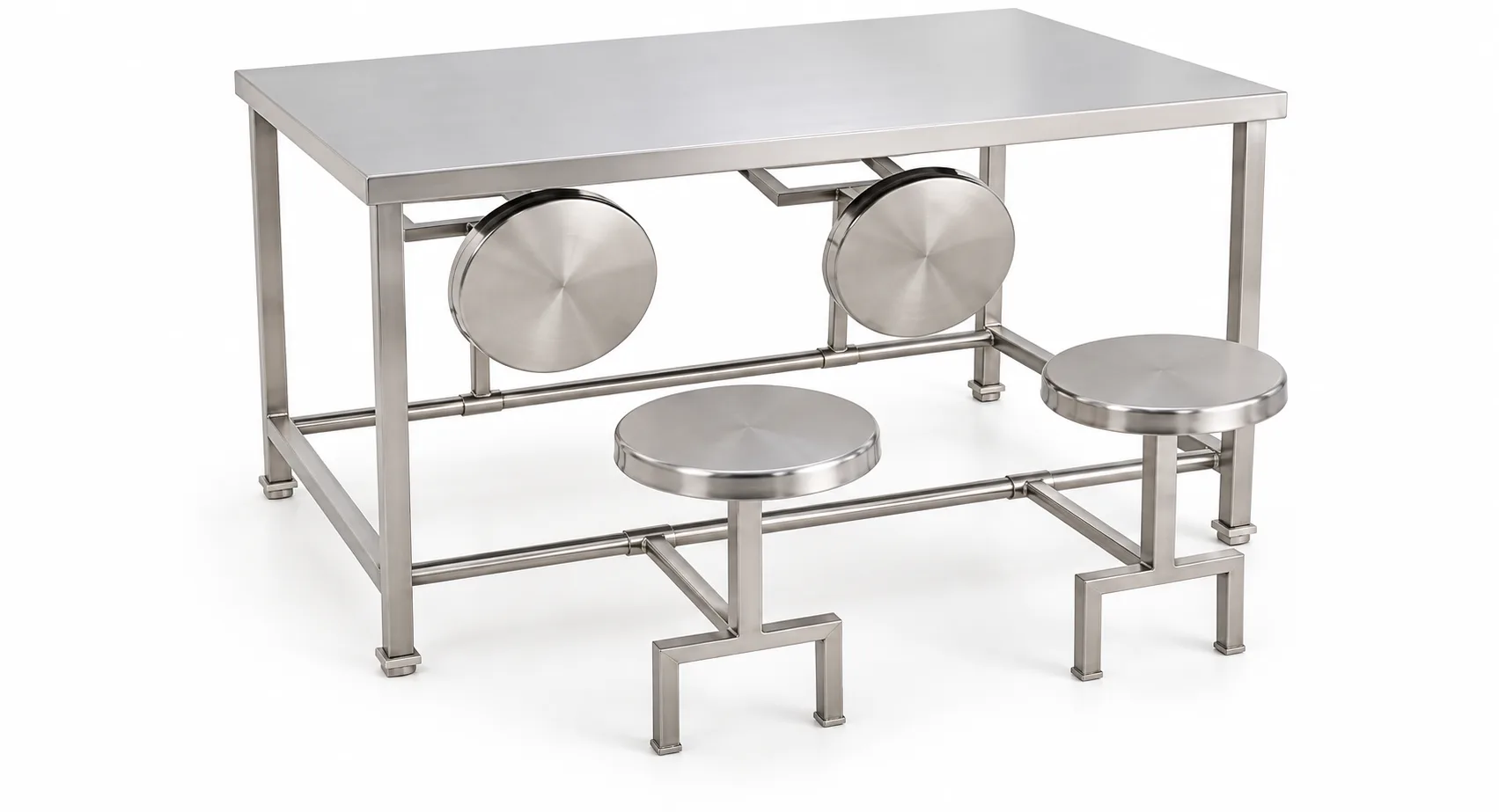 Stainless steel canteen table with four attached stools.