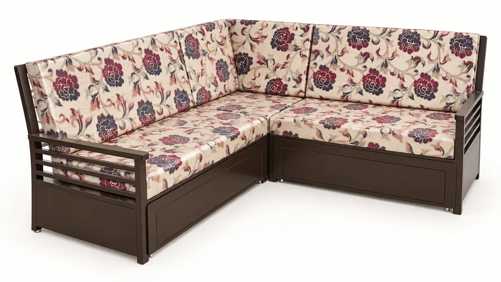 Corner sofa with floral seat and back cushions.