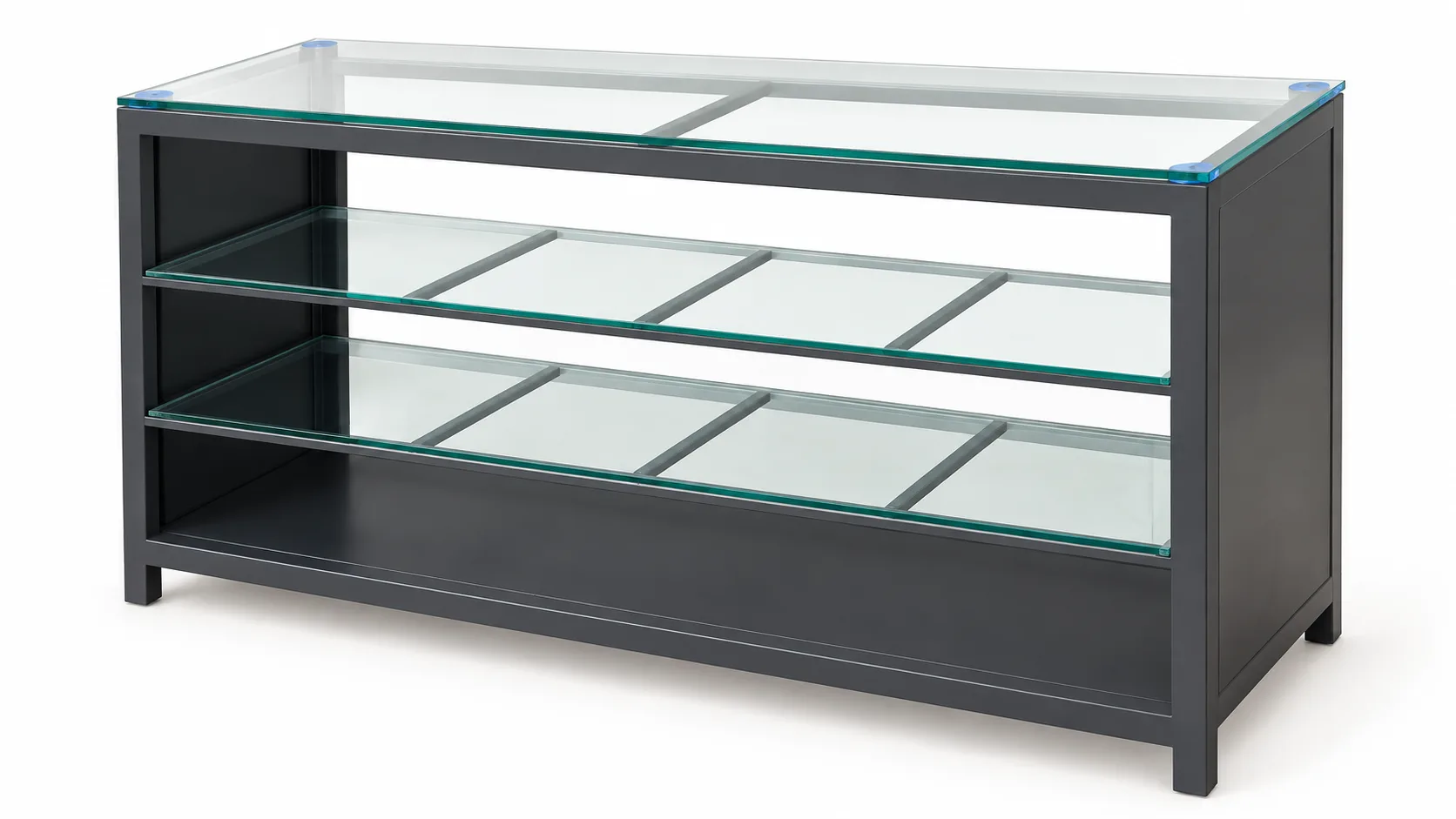 Glass display counter with open shelves.