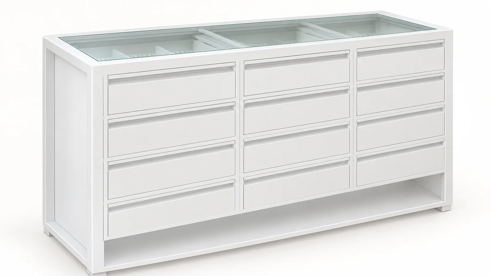 White drawer counter with a glass top.