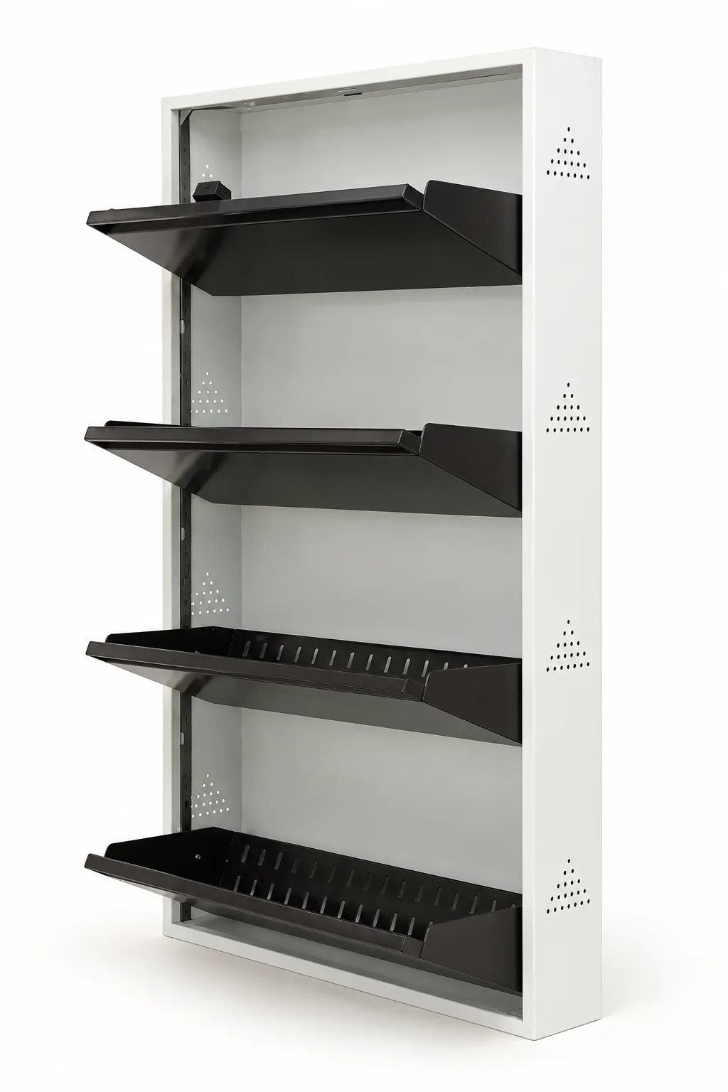Retail display rack with adjustable shelves.