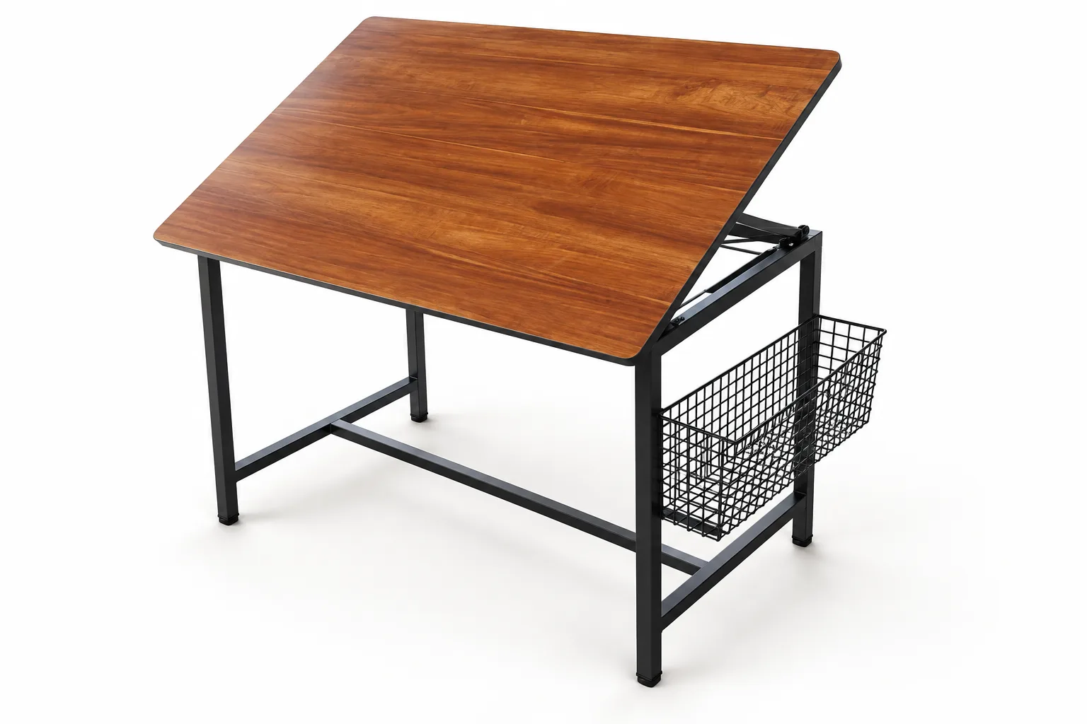 Drafting table with a tilting top and wire basket.