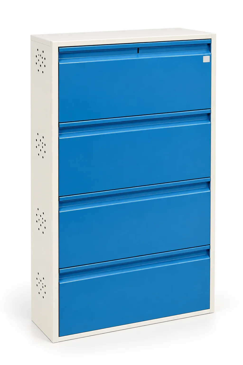 Blue four drawer filing cabinet with a white frame.