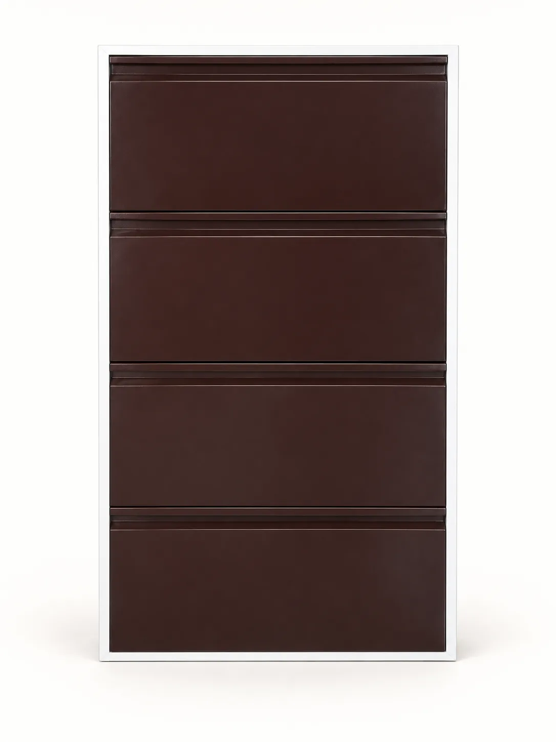 Brown four drawer filing cabinet with a white frame.