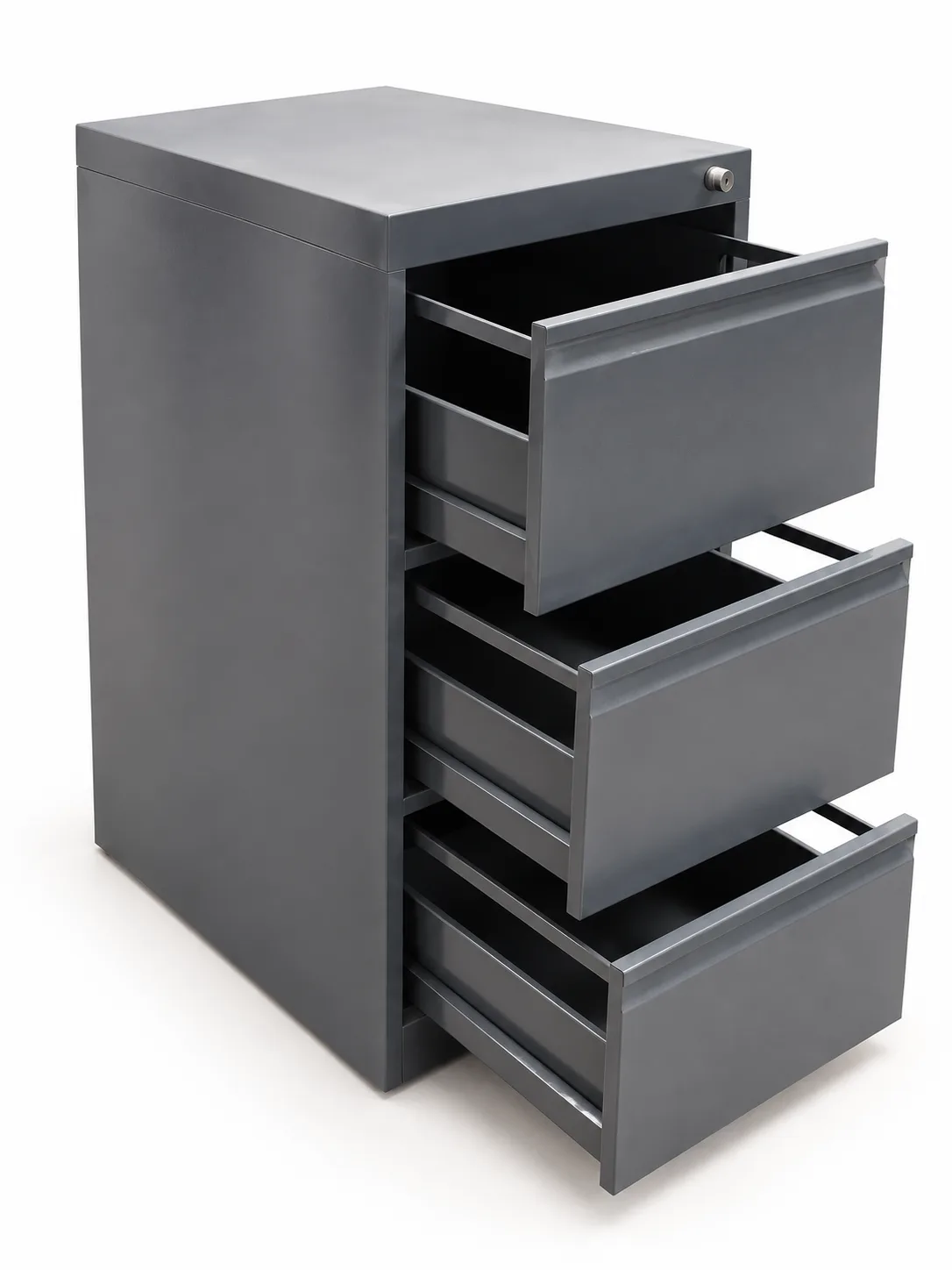 Three drawer steel filing cabinet with drawers open.
