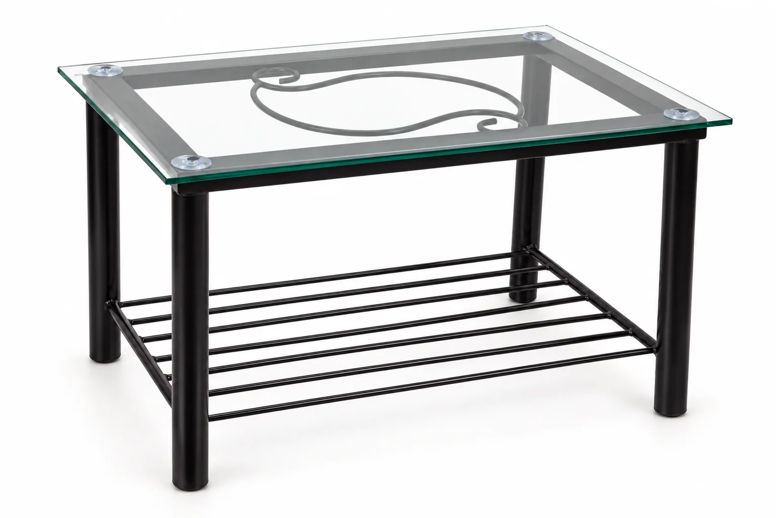 Glass top centre table on a steel frame.
