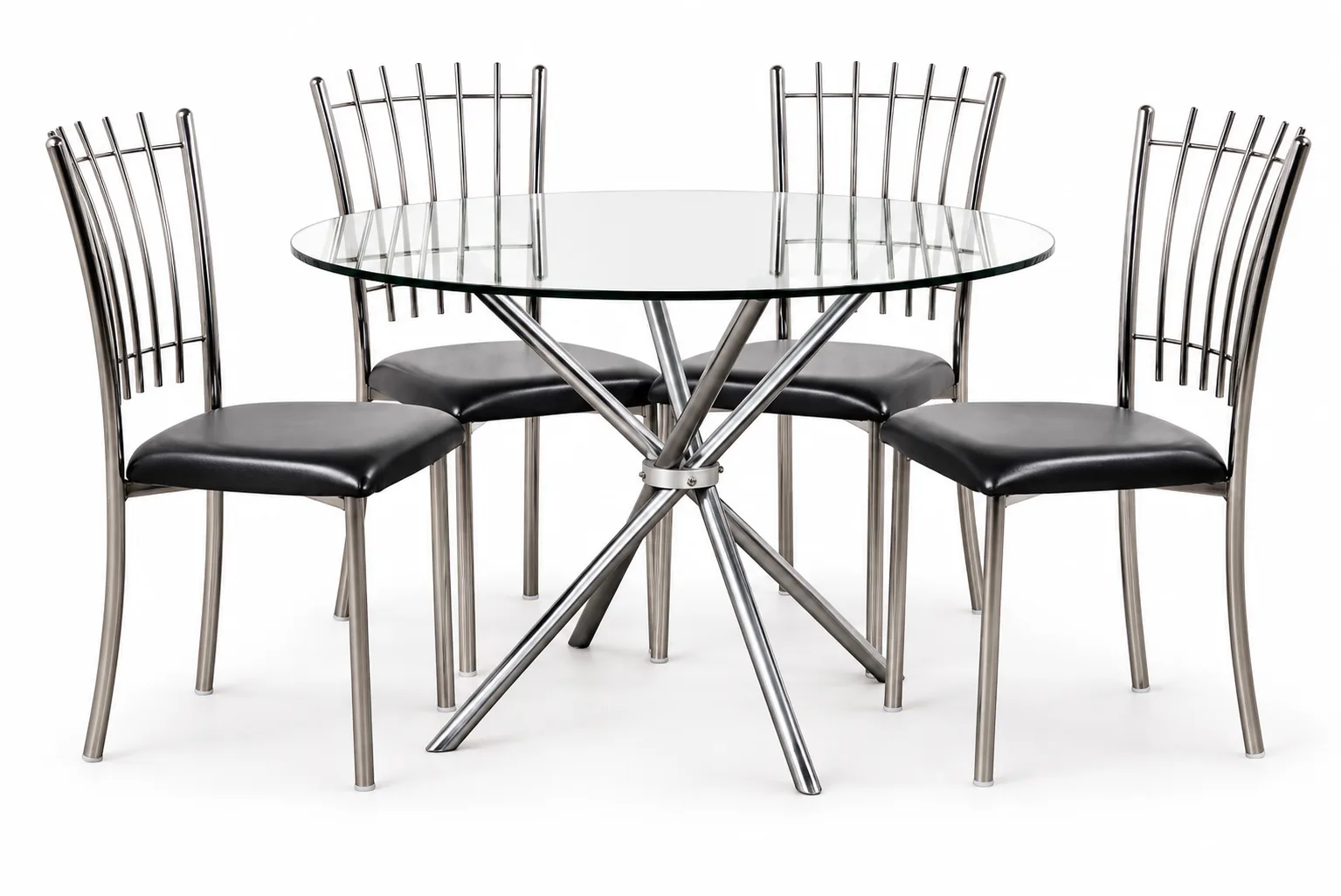 Glass top dining table with four steel chairs.