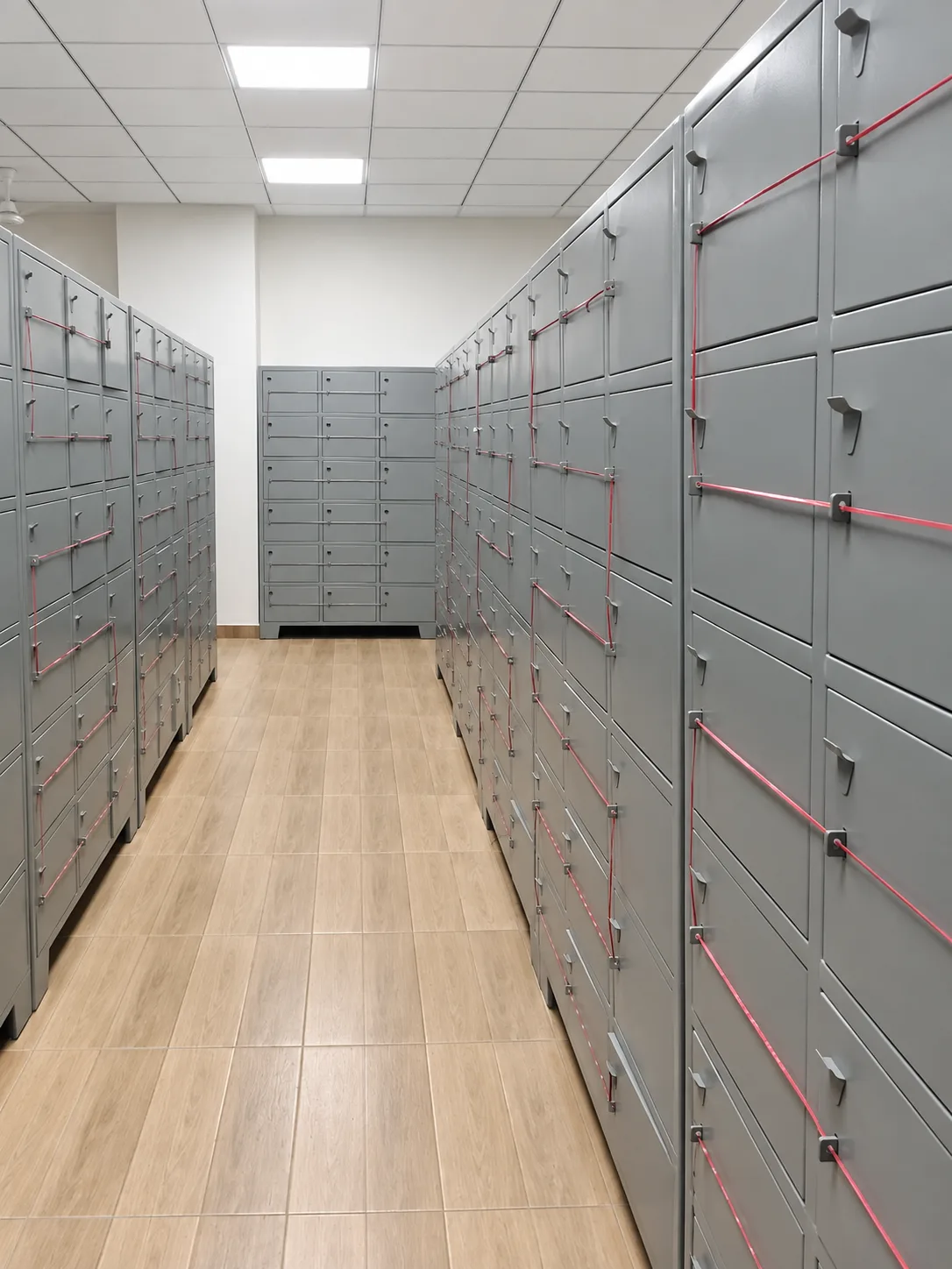 Rows of grey steel lockers in a fitted locker room.