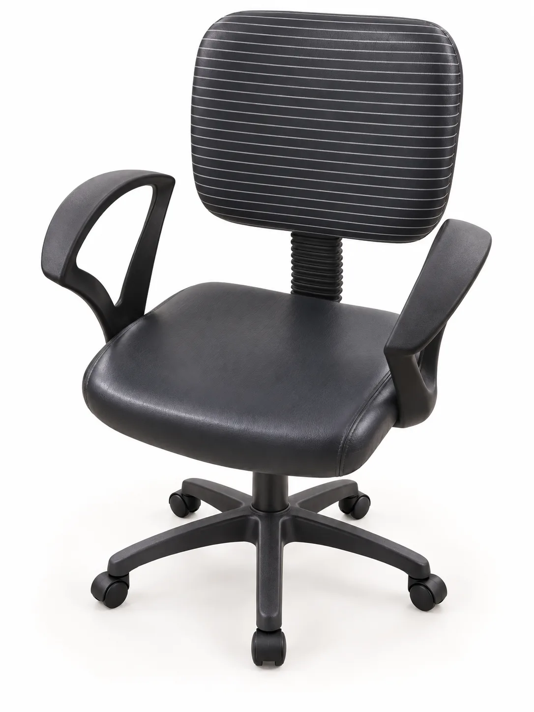 Black padded office chair with armrests and castors.