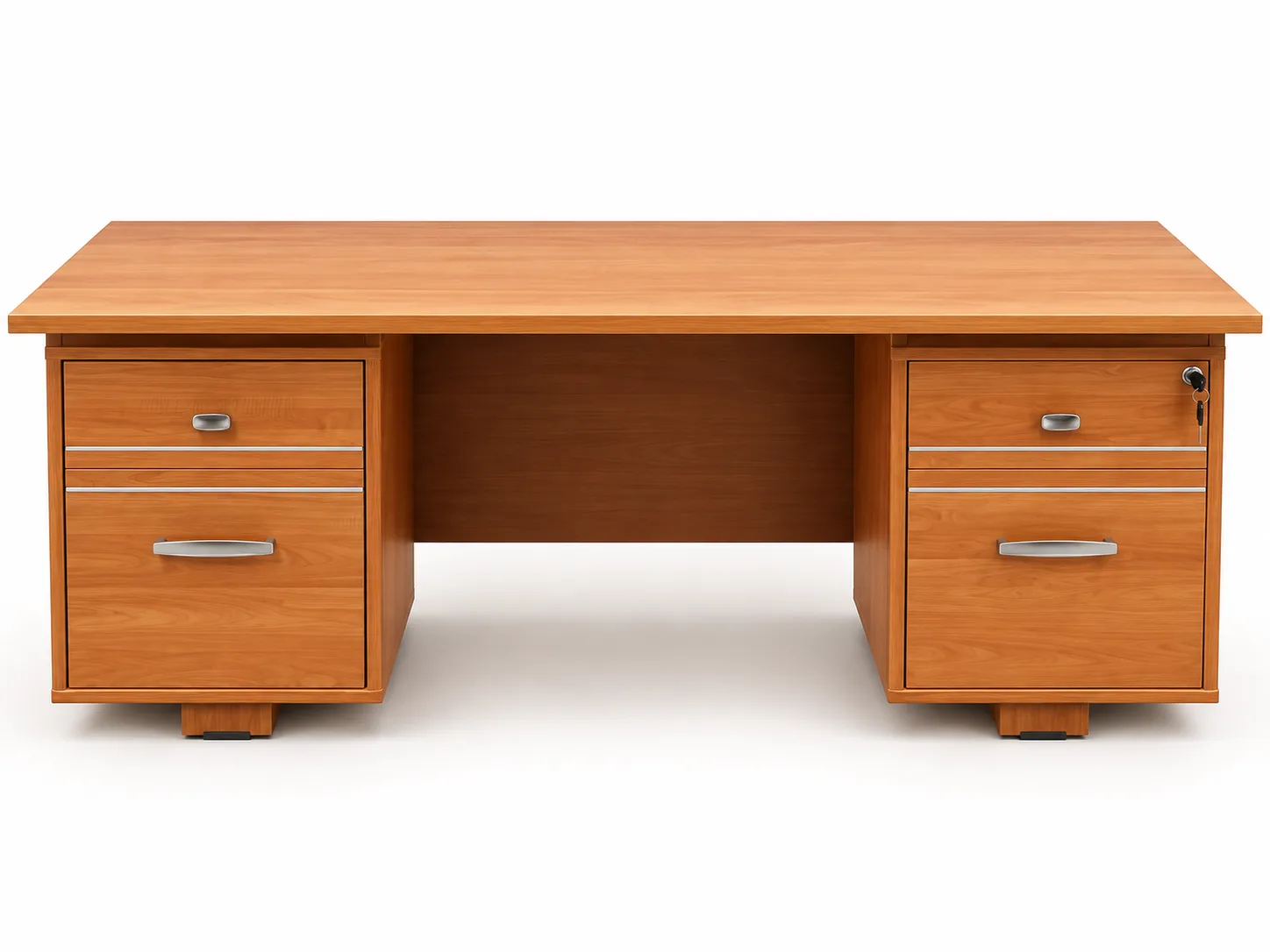 Wood-finish office desk with two drawer units.