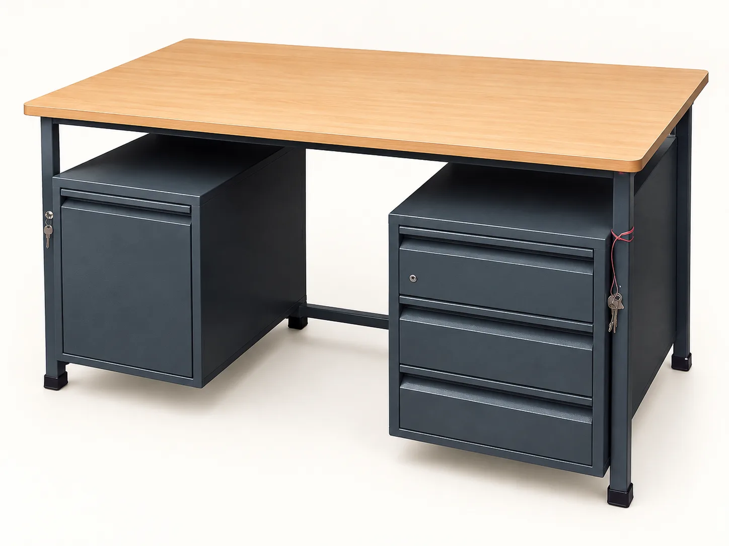 Office desk with a wood-effect top and steel drawer units.