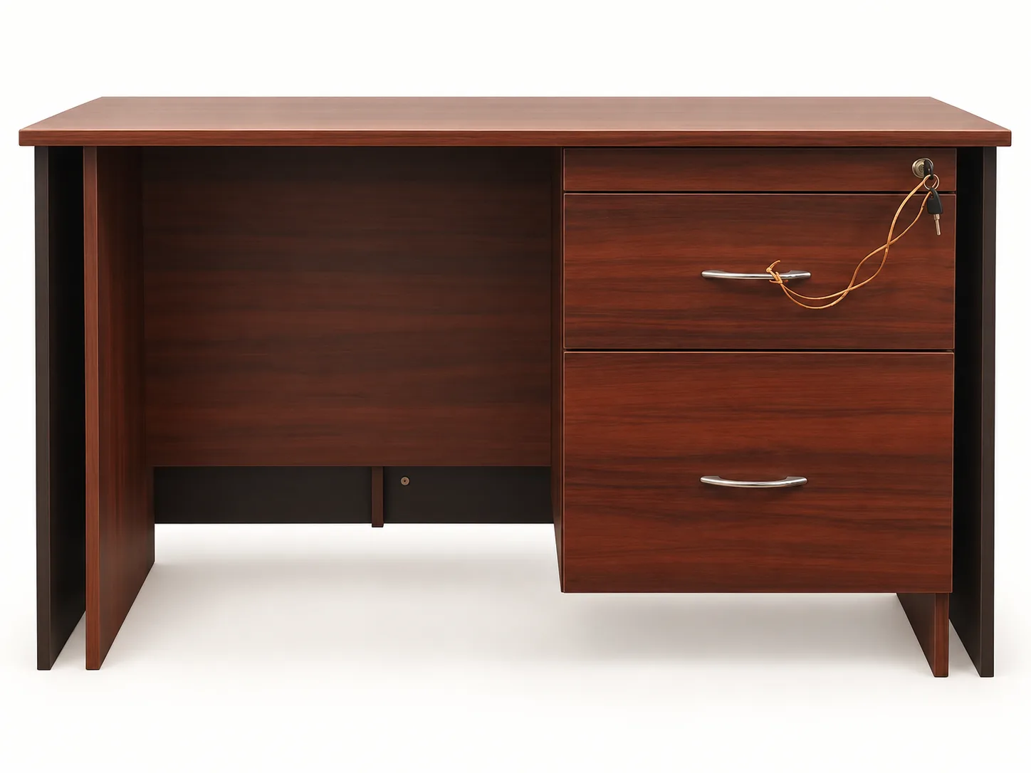 Wood-finish office desk with two drawers.