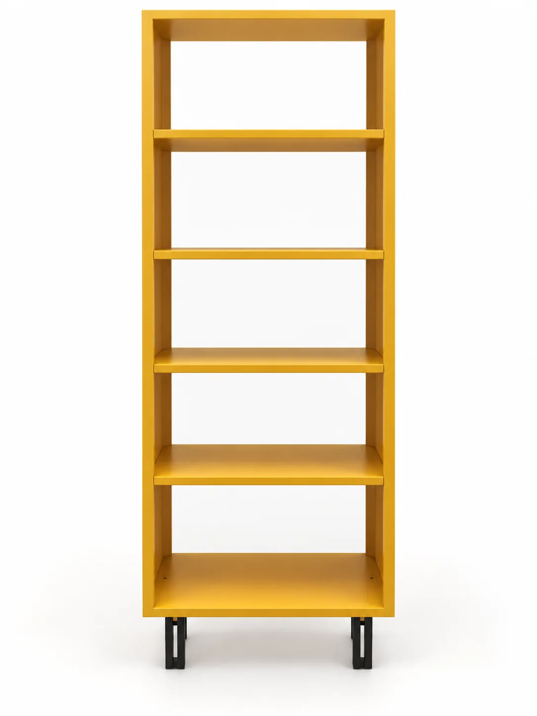 Tall yellow shelving unit with open compartments.
