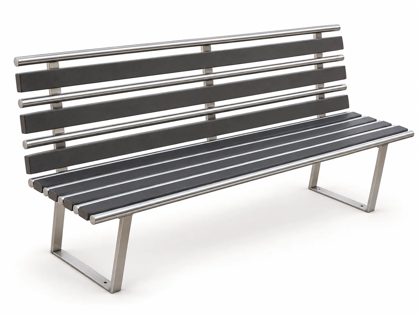 Outdoor steel bench with a slatted seat and back.