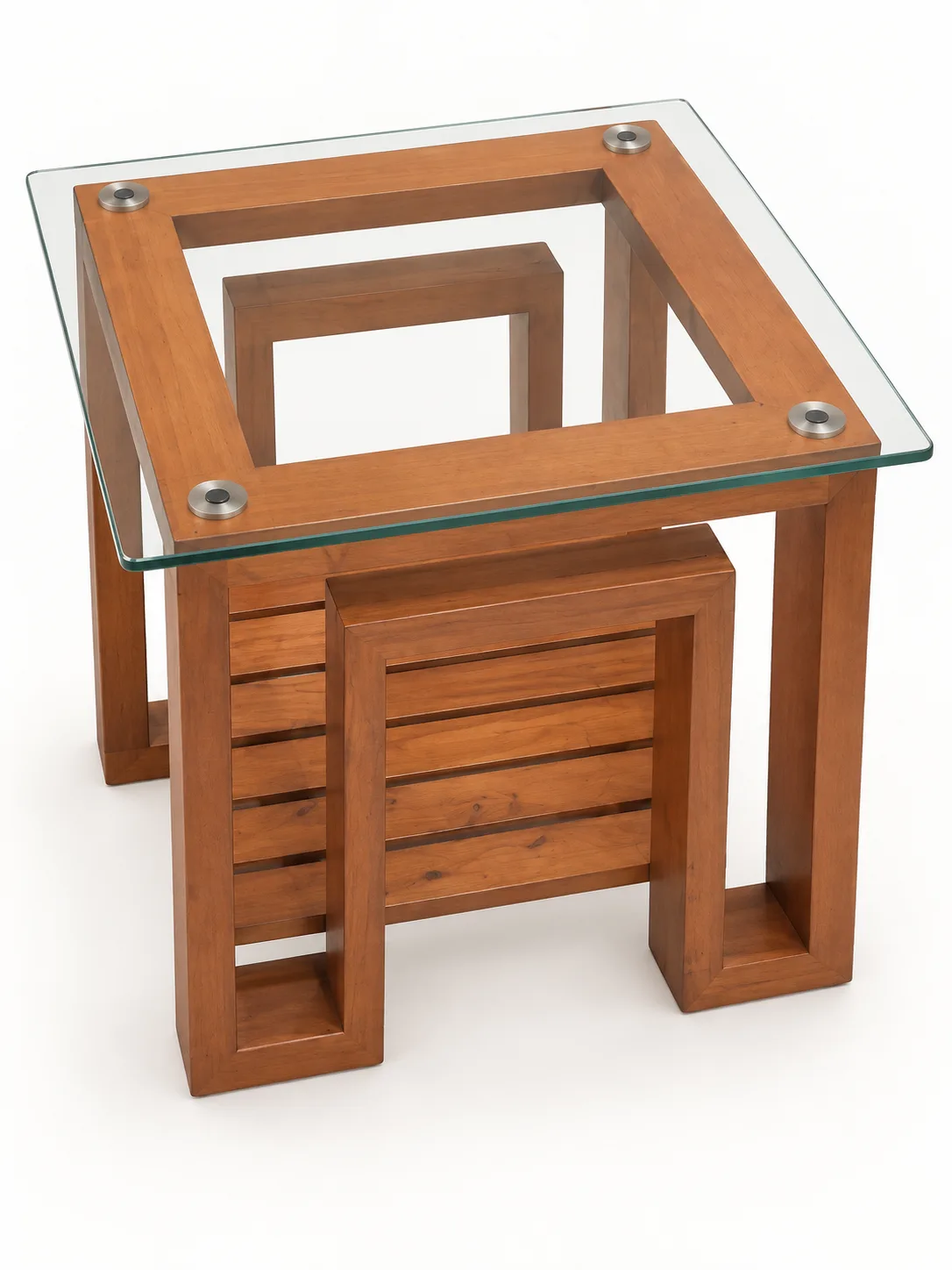 Wooden side table with a square glass top.