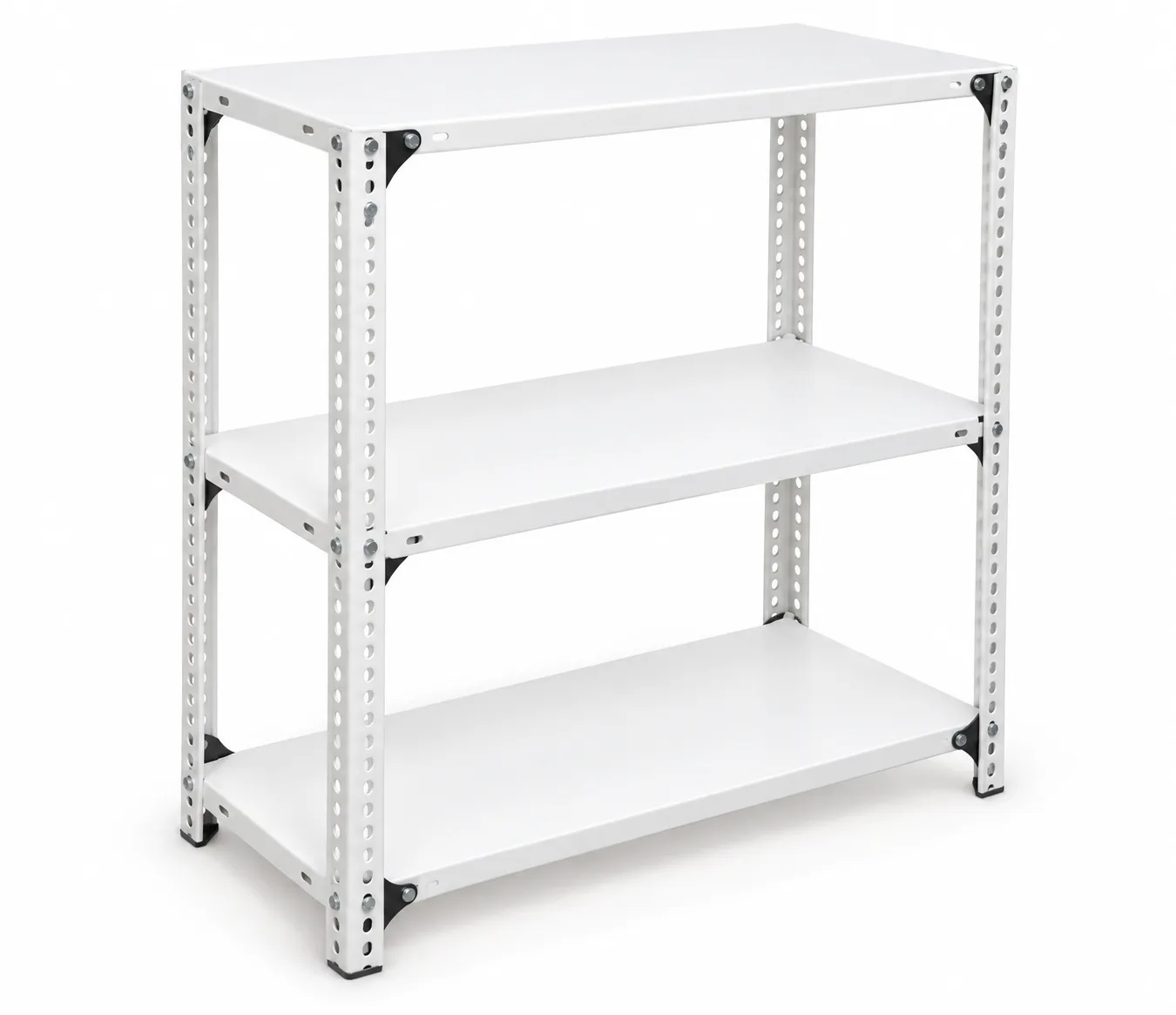 White slotted-angle rack with three shelves.
