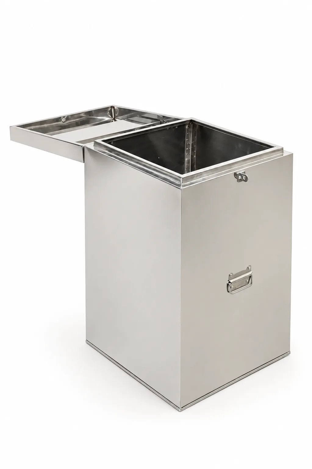 Stainless steel (SS) kothi for grain storage, shown with the lid open.
