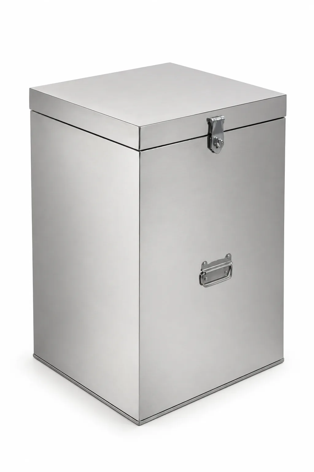 Stainless steel (SS) kothi for grain storage, with a lid.