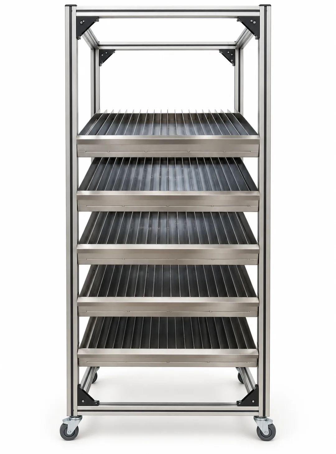 Stainless steel trolley rack on castors.