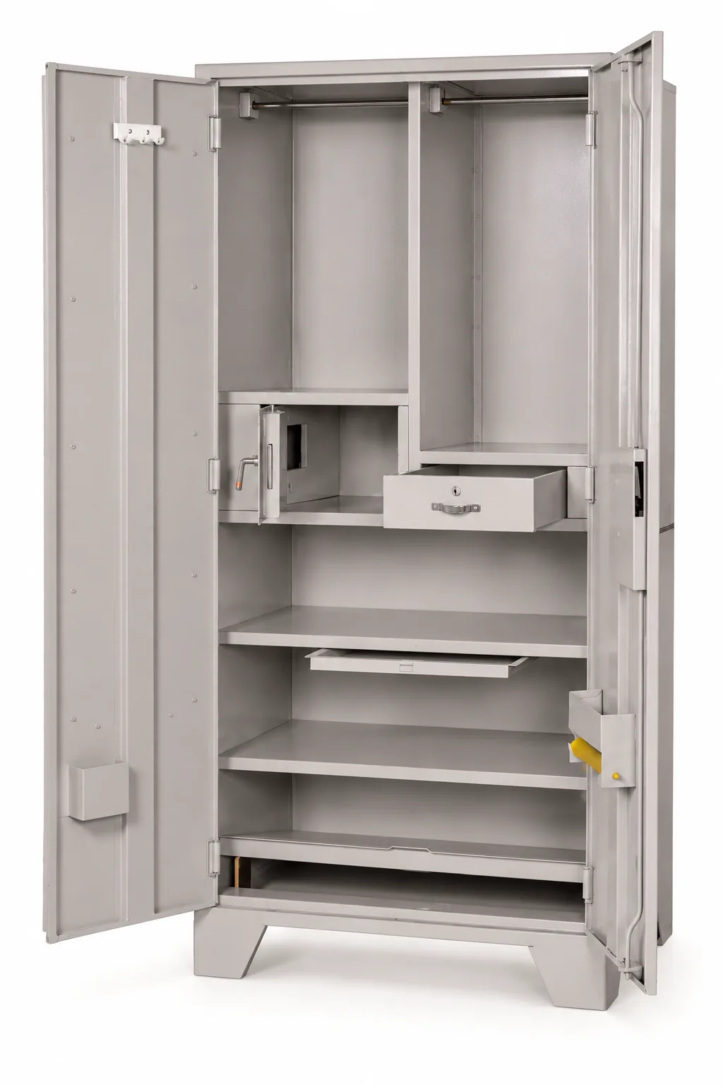 Steel almirah with an internal locker, drawer and shelves.