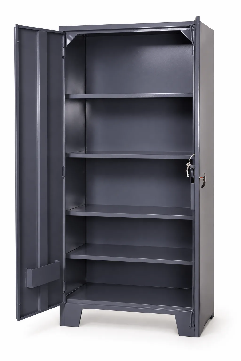 Steel almirah, shown open, with adjustable shelves.