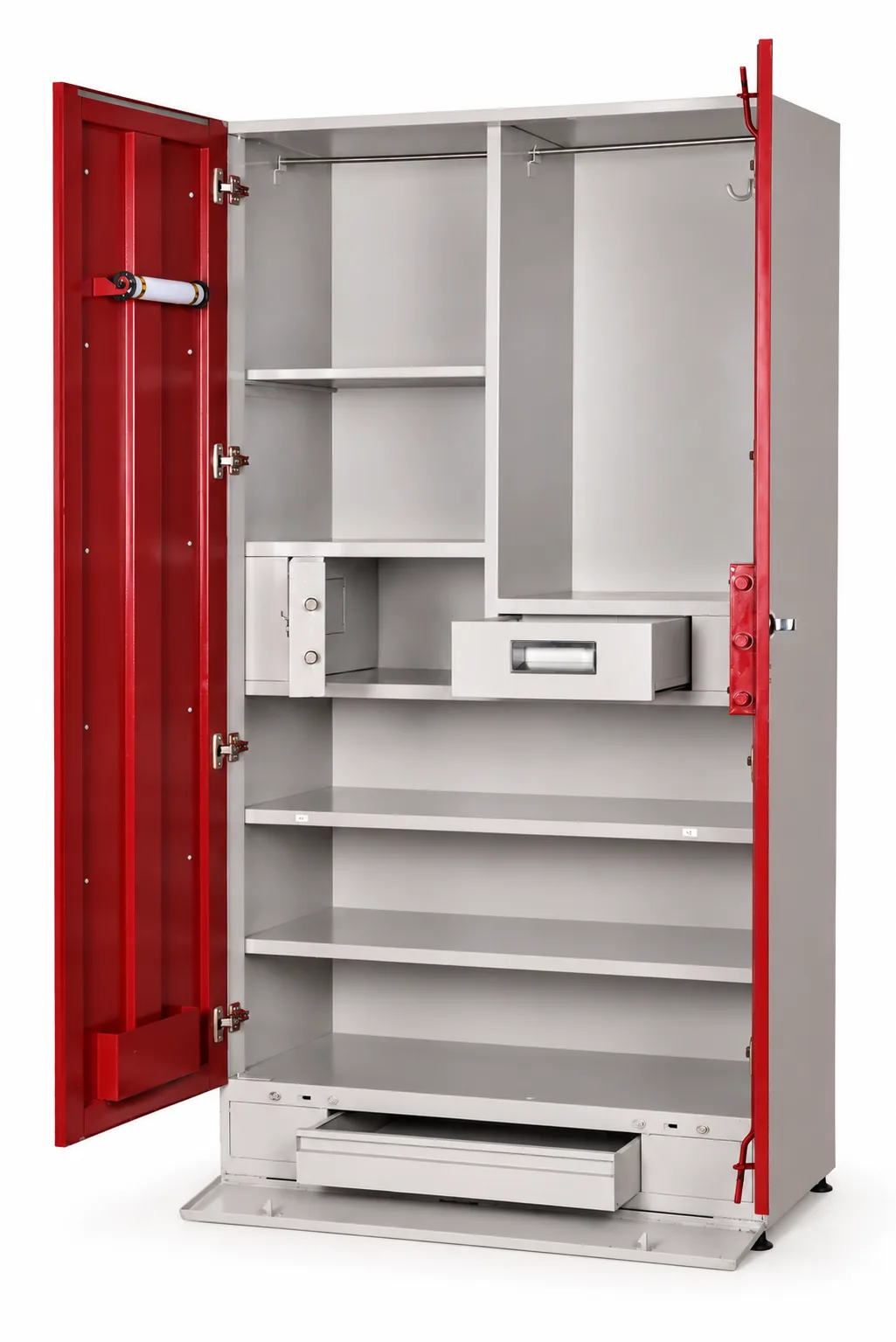 Open red steel almirah showing its shelves, drawer and locker