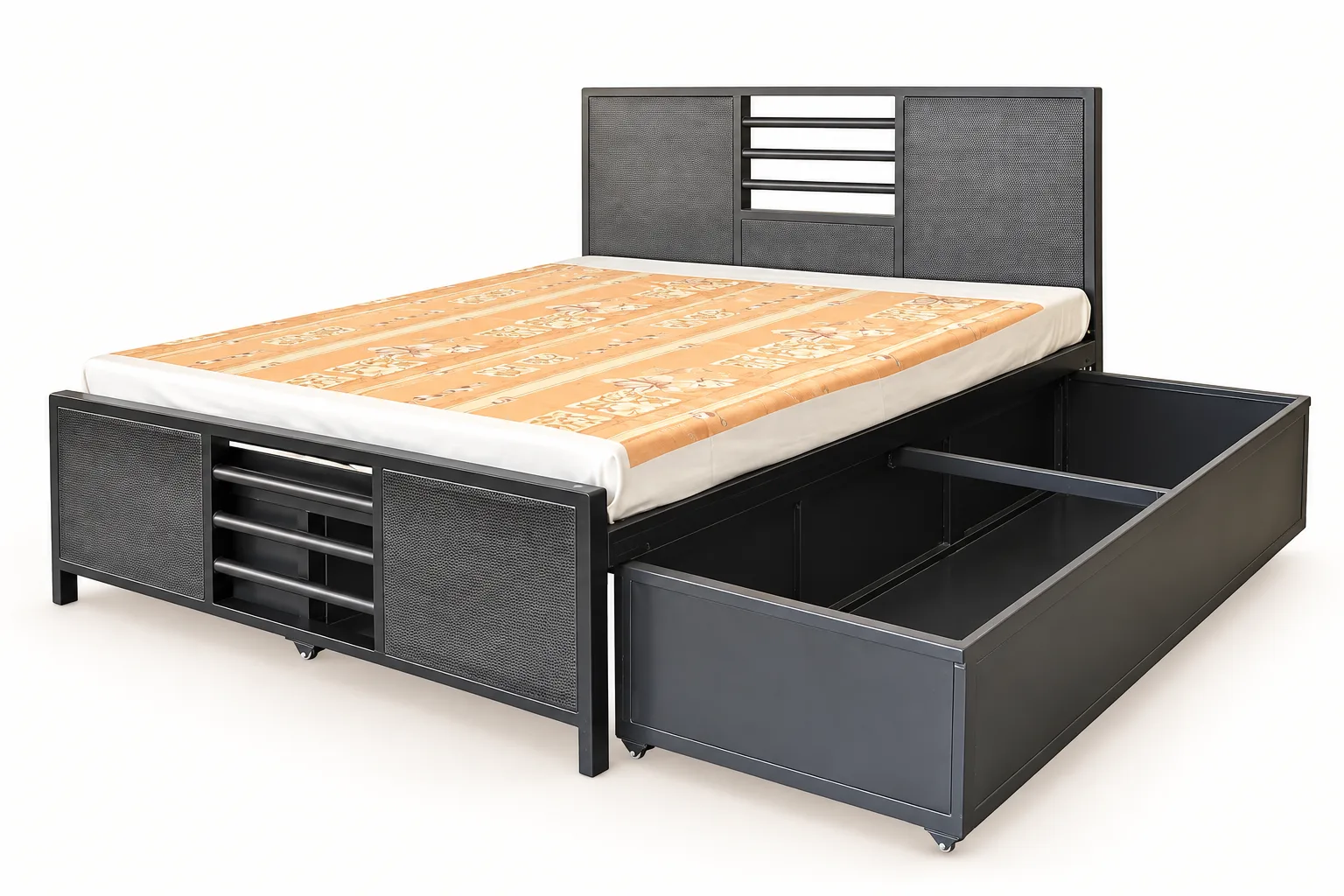 Steel double bed with the storage drawers pulled out.