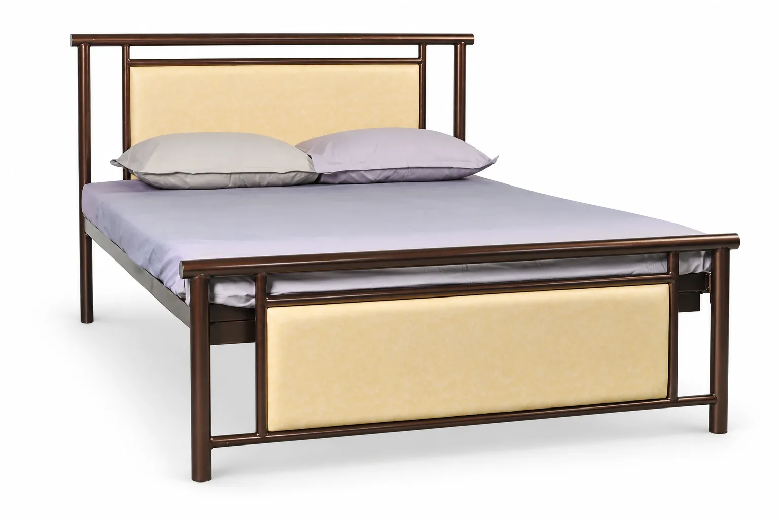 Steel double bed with a panelled headboard.