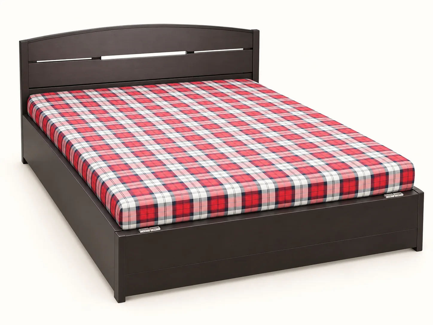 Steel double bed with a storage base.