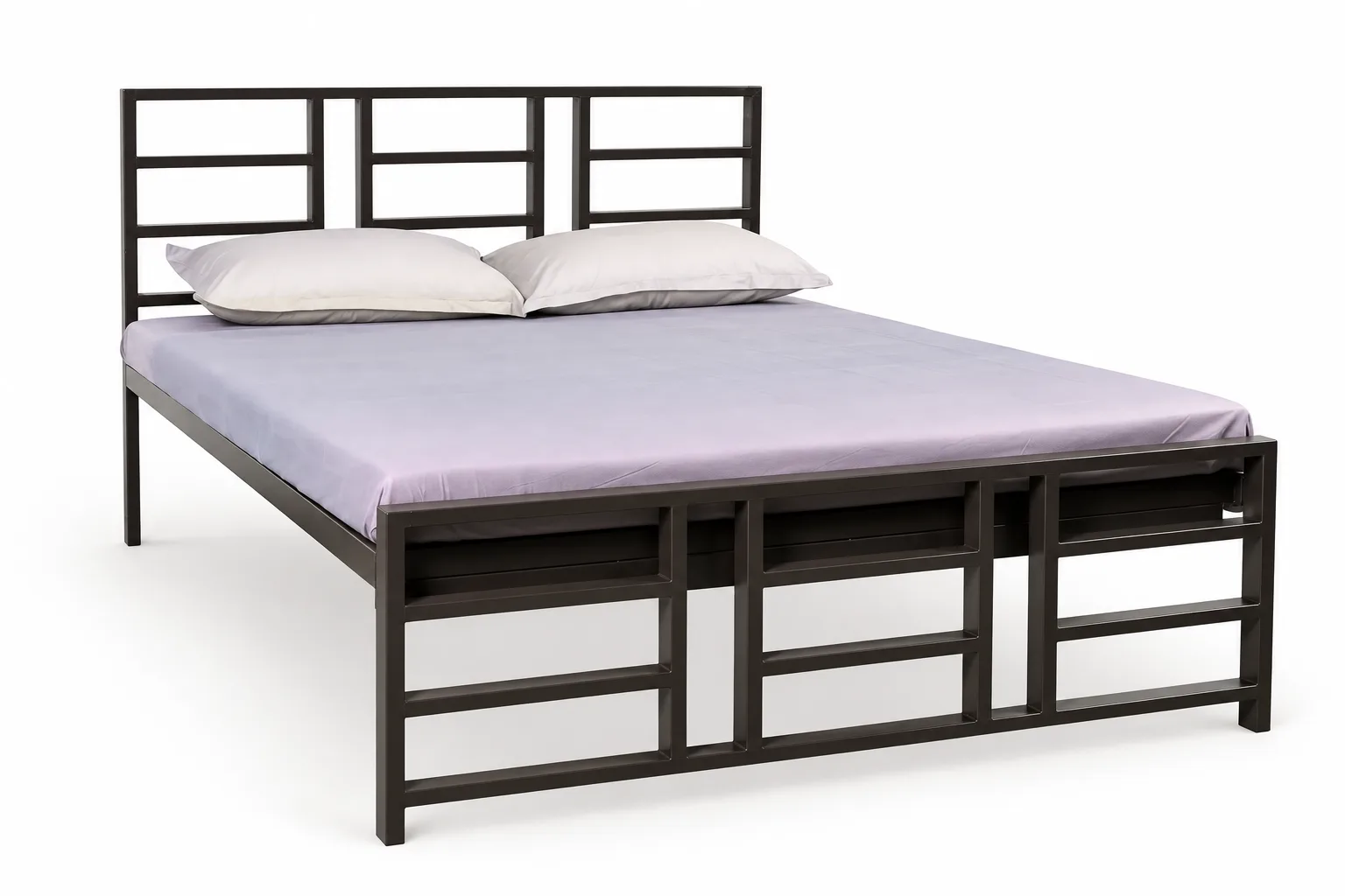 Steel double bed with a storage base.
