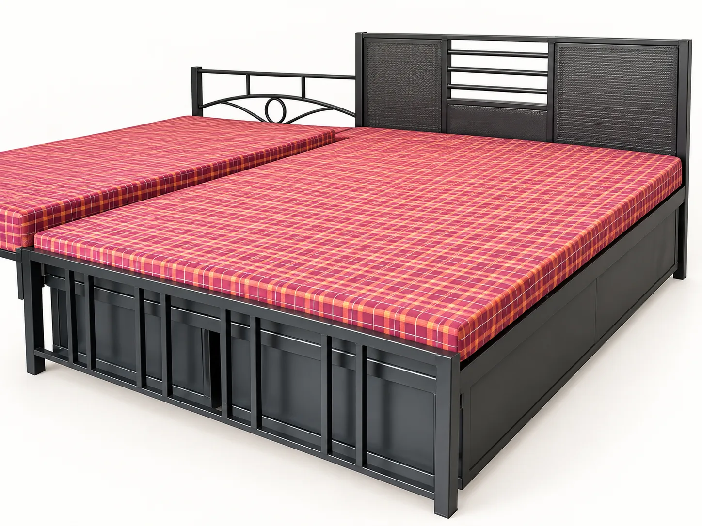Steel double bed with drawers built into the base.