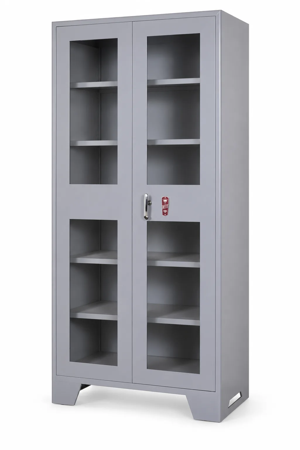 Steel bookcase with glazed doors and a lock.