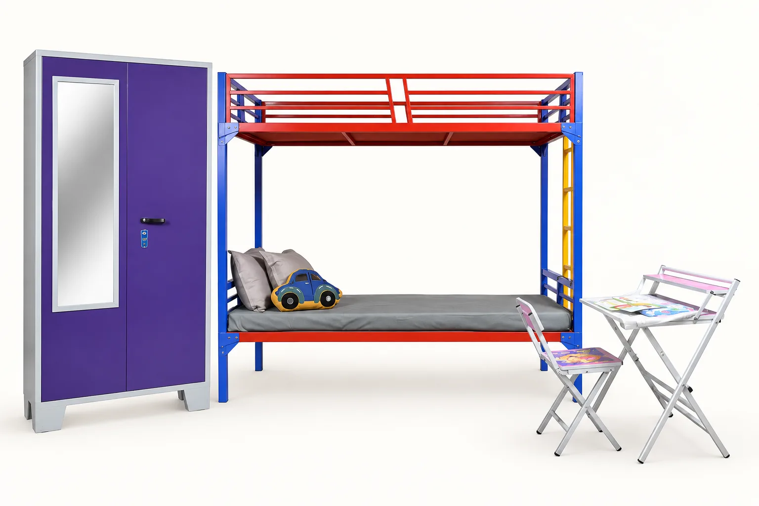 Bunk bed, cupboard and study table, as supplied to hostels.